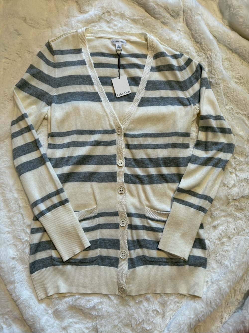 NWT Calvin Klein Women’s Cream and Gray Striped V‑Neck Button Cardigan